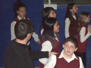 Dewson students sing O Canada at Ricoh Coliseum , Hockey Game . 004