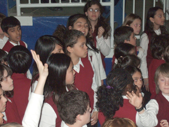 Dewson students sing O Canada at Ricoh Coliseum , Hockey Game . 007