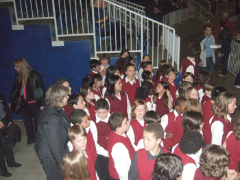 Dewson students sing O Canada at Ricoh Coliseum , Hockey Game . 008